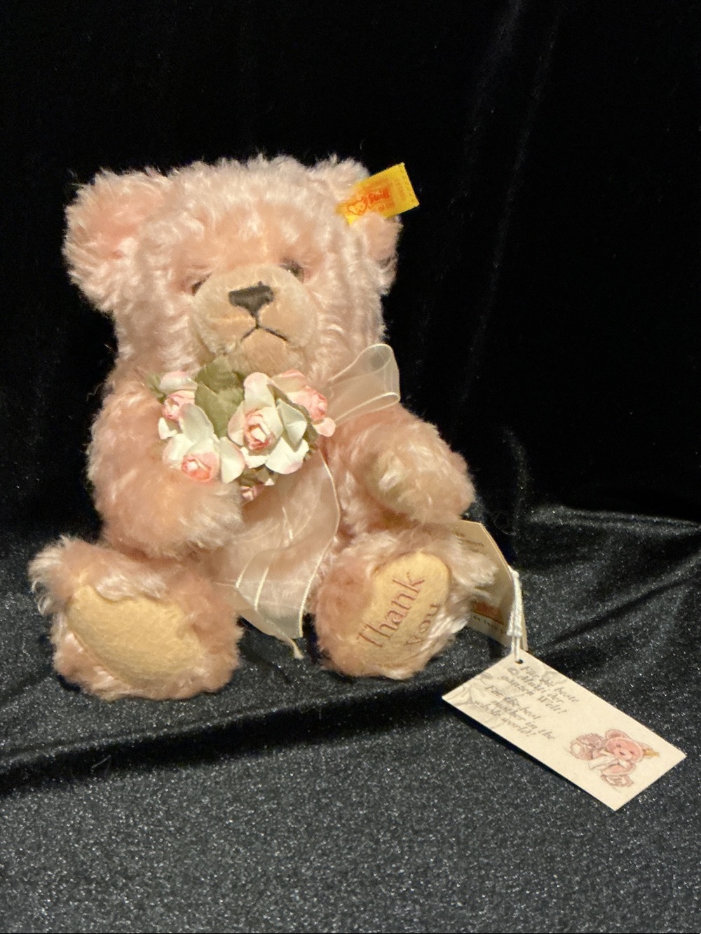 Steiff Pink Mohair 'Thank You' Bear with Floral Bouquet